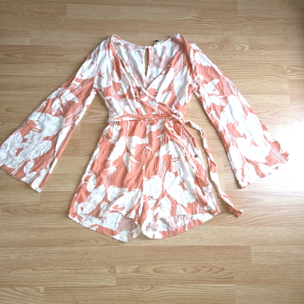 ROXY Floral Wrap Romper with Bell Sleeves